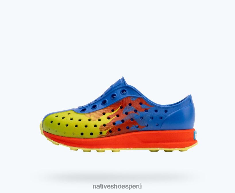educacion fisica Native Shoes niños impresión robbie sugarlite Azul ultravioleta/rojo fuego/llama chartreuse/caucho moteado de apio HV64F8118 calzado